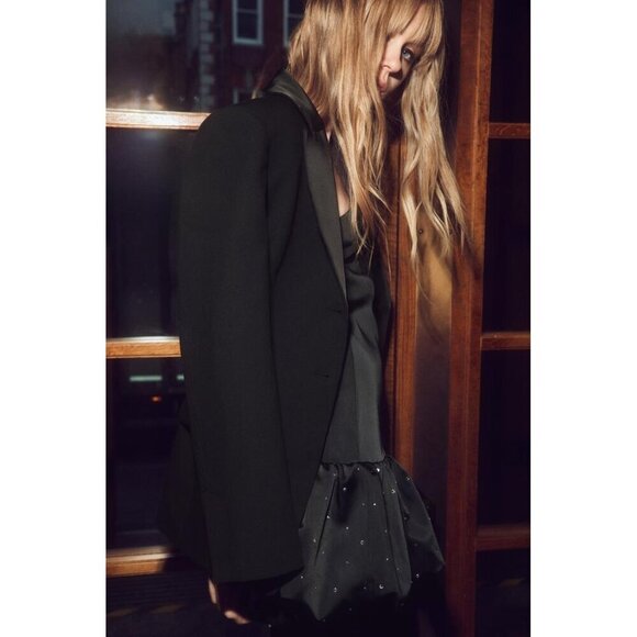 NWT Zara satin effect rhinestone applique balloon hem mini dress, XS - Picture 8 of 14